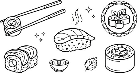 Japanese Sushi and Maki Roll Vector Illustration Set with Chopsticks Food Menu Icons © PJ DeSign