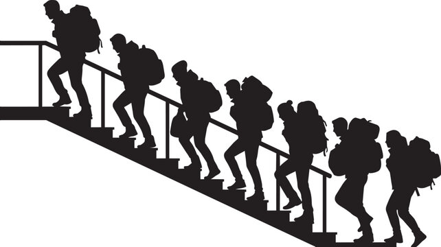 Hiking silhouettes, people climbing stairs, backpacker group, outdoor adventure icons