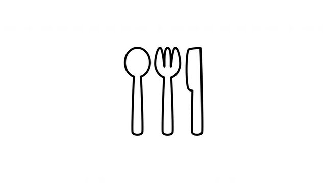 Minimalist outline animation of dining cutlery set spoon fork knife restaurant icon drawing on and fading out. Features a clean pop up style in 3 color setups.