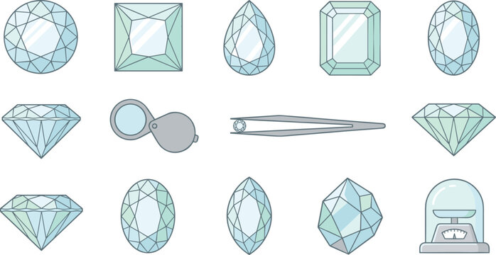 Diamond and Gemstone Icon Set with Various Cuts Jewelry Tools Loupe Tweezers and Scale for Gemology Luxury Goods and Fashion Designs