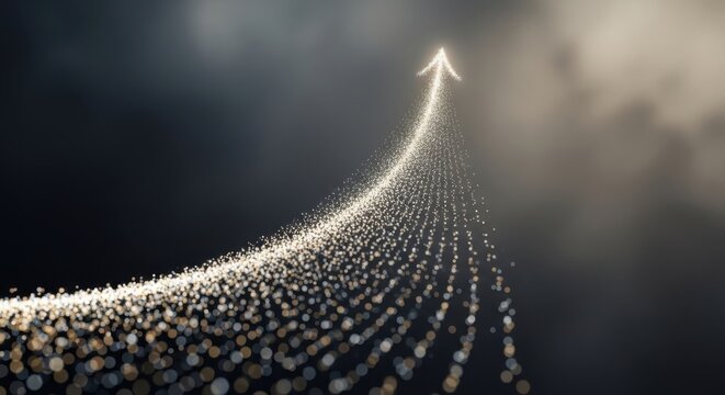 A glowing arrow rises upward in a curved path through numerous small spheres.