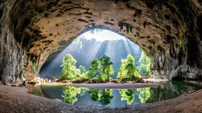 cascading into a turquoise canyon pool, lush vegetation, rocky cliffs and tranquil natural setting
