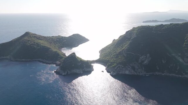 Aerial drone shot of the famous Porto Timoni double beach in Corfu Greece