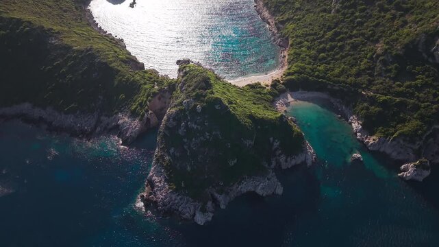 Aerial drone footage of the famous Porto Timoni double beach in Corfu Greece