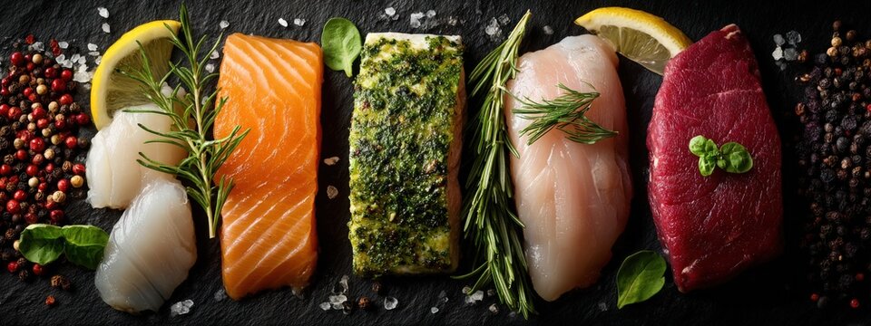 Assorted fresh seafood fillets including salmon, white fish, and tuna garnished with herbs and lemon slices on a dark slate background with colorful peppercorns