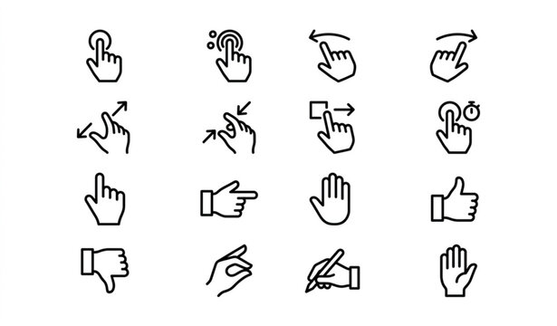 hand drawn alphabet Minimal black and white hand icons pack with touch gestures click navigation and communication symbols vector isolated on white background