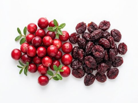 Fresh red cranberries next to a pile of dried cranberries with green leaves isolated on white background