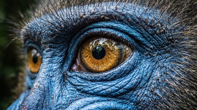 Creative Close-up of blue monkey face with yellow eyes, primate portrait, animal photography, wildlife details 2k