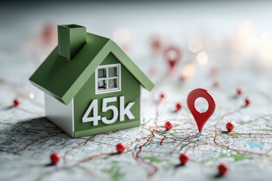 3D model of a green house with the number 45k displayed, positioned on a map with red location pins indicating various points of interest
