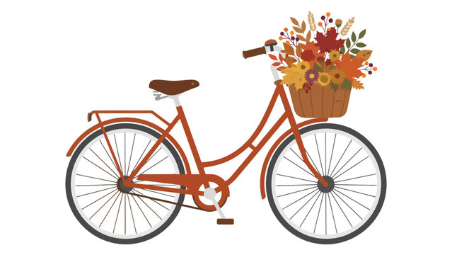 Vintage red bicycle with a brown wicker basket full of colorful autumn fall leaves and foliage