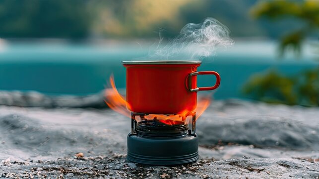 A red enamel mug sits on a portable camping stove, heating a steaming beverage outdoors