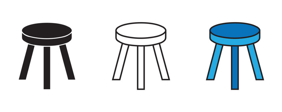 Wooden Stool Icon Set &ndash; Minimalist Three Legged Furniture Outline, Solid Glyph and
 Silhouette Vector