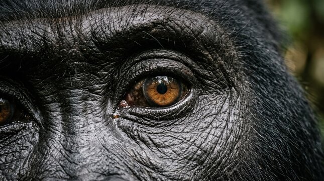 Creative Close-up of western lowland gorilla eyes, black fur, brown eyes, primate face 2k