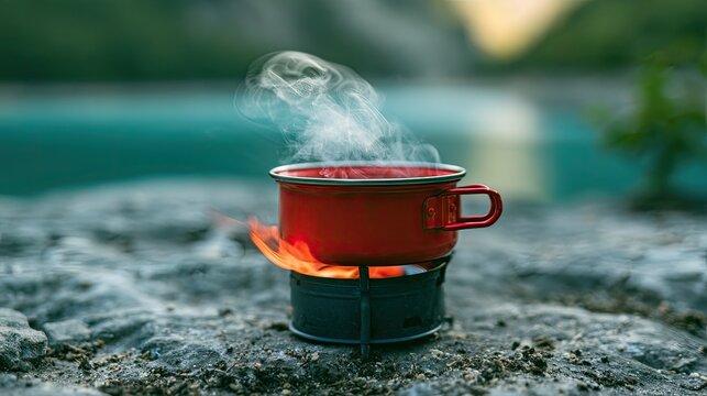 Red enamel mug steaming hot beverage on portable stove beside tranquil blue lake