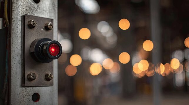 Industrial button with a glowing red indicator light