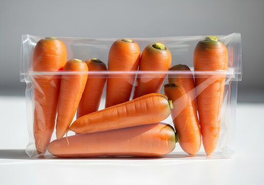 Fresh organic carrots stored in a clear plastic vacuum seal bag