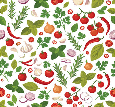 Fresh Herbs and Vegetables Seamless Pattern Vector Illustration Featuring Tomato Chili Rosemary Garlic and Onion Collage for Kitchen Wallpapers and Restaurant Menu Backgrounds