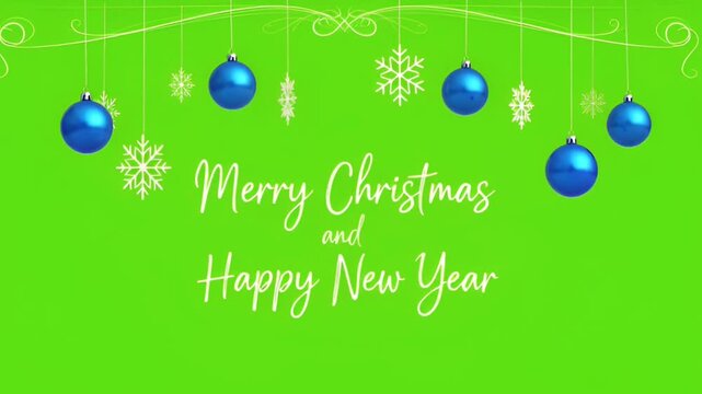 Realistic hanging blue ornaments and snowflakes on green background.