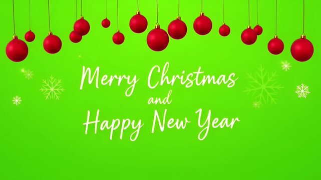 Realistic hanging red ornaments and snowflakes on green background.