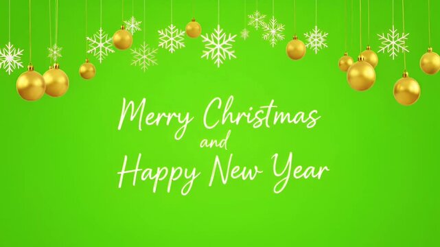 Realistic hanging gold and silver ornaments and snowflakes on green background.