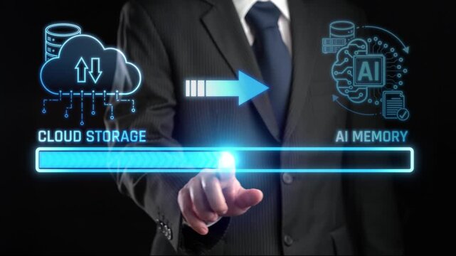 Businessman Interacting with Digital Cloud Storage and AI Memory Concept in Futuristic Interface with Data Symbols and Connectivity Elements. Liminal.
