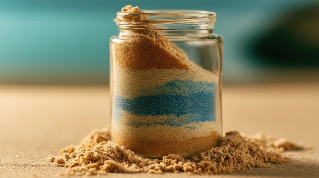 Layered colorful sand art inside a small glass jar on a sandy beach