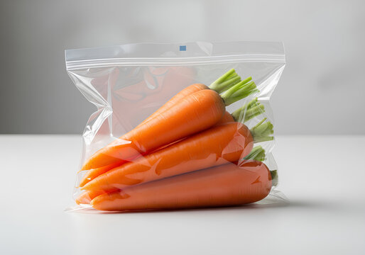 Fresh organic carrots in a transparent plastic zipper bag