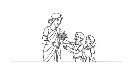 Obraz premium Woman giving plant to children outdoors.