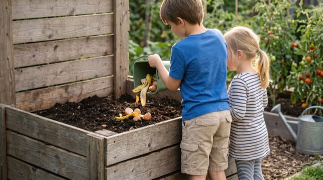 Cute children learning about composting by adding organic food waste like banana peels and eggshells into wooden bin in garden