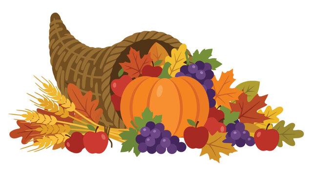 Cornucopia horn of plenty with pumpkin grapes apples and autumn leaves for thanksgiving holiday