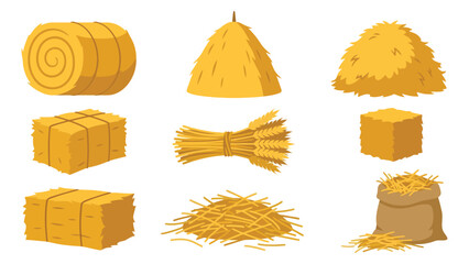 Set of various dry hay bales and straw stacks for farm and agriculture harvest design elements © azad