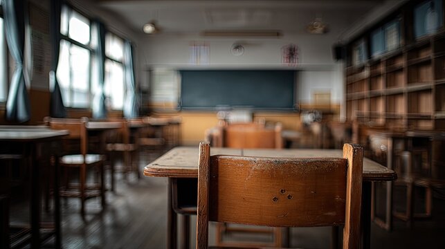 Empty, aged classroom with desks, chairs, and shelves in dim light