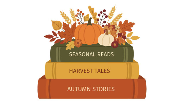 Stack of colorful books with autumn leaves and pumpkins for a cozy harvest seasonal reading theme