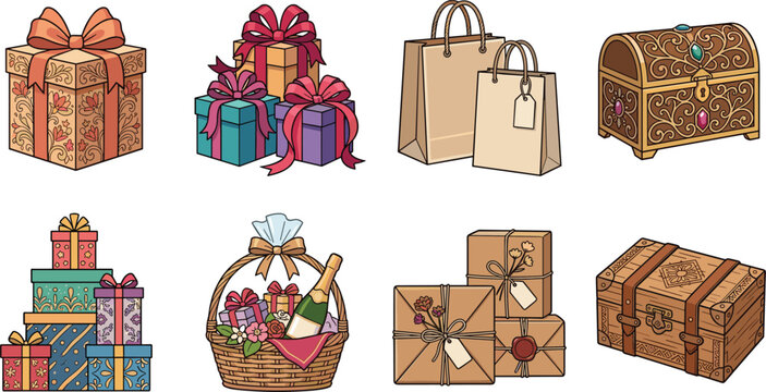 Gift boxes and holiday packaging collection featuring ornate chest shopping bags and woven hamper icon set