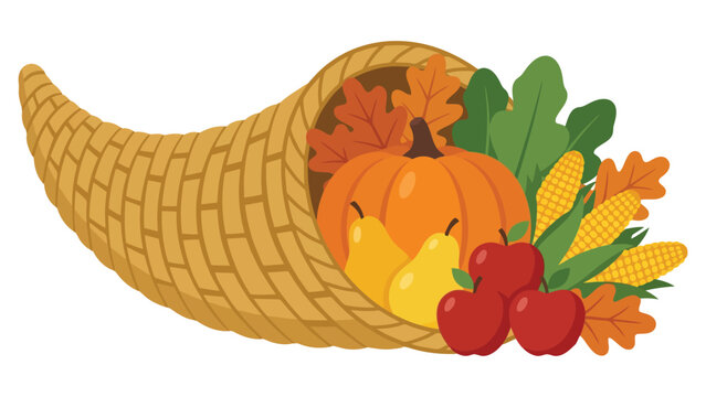 Woven cornucopia horn of plenty filled with fresh autumn harvest vegetables and fall fruits