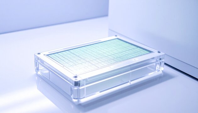 Modern clear acrylic display case with glass shelves.