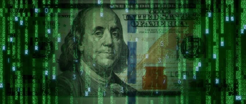 Electronic Money Concept with One Hundred Dollar Bill made up of Animated Code. Modern Banking Wallpaper.