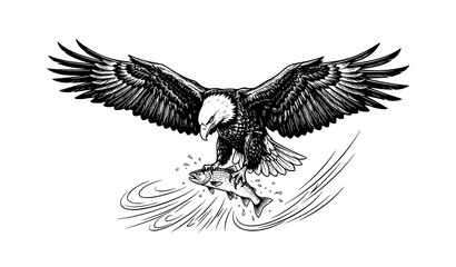 Fototapeta premium Black And White Bald Eagle Catching Fish Vector Wildlife Illustration