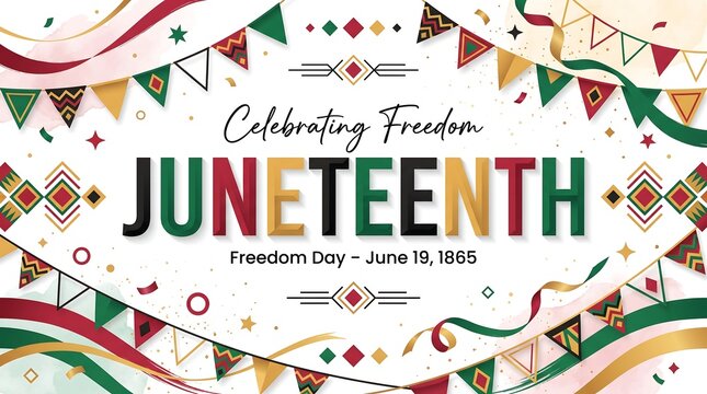 Juneteenth freedom day festive banner with hanging bunting flags juneteenth celebration decoration geometric heritage emancipation typography