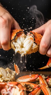 Hands cracking open crab shell seafood.