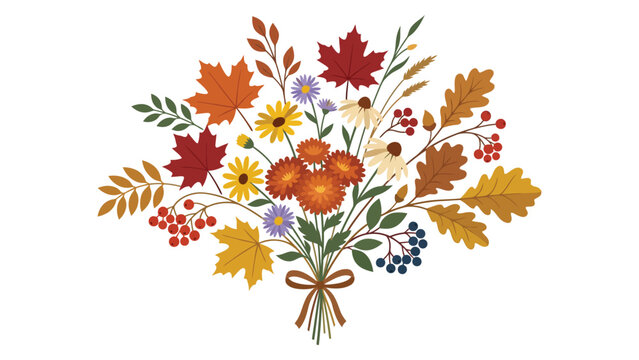 Beautiful autumn bouquet with colorful maple leaves and fall flowers tied with a ribbon bow