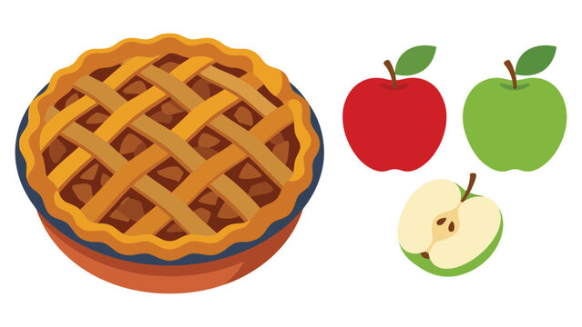 Fresh baked apple pie with red and green apples and a slice of fruit on the side