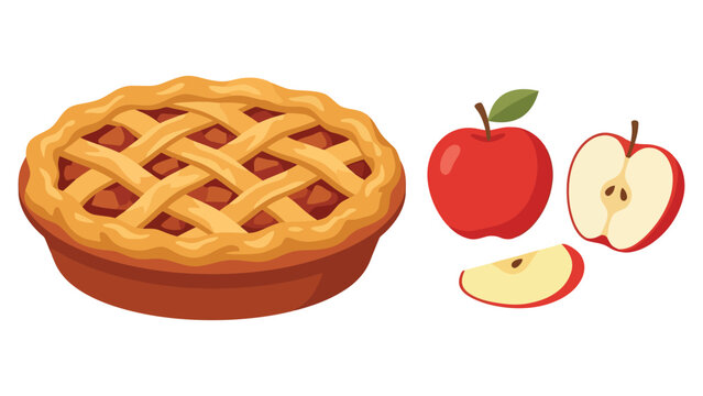 Fresh baked apple pie with whole and sliced red apples on the side illustration