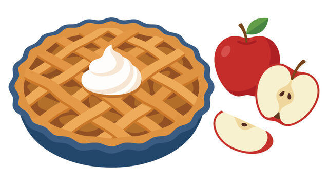 Fresh baked apple pie with whipped cream topping and red apples beside it as a cartoon drawing