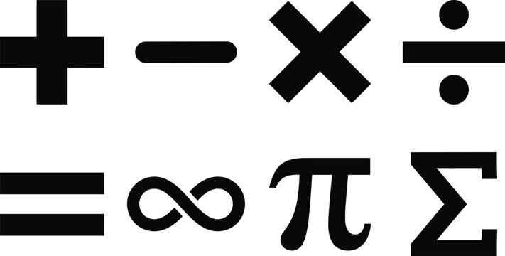 Mathematical symbols silhouette vector set featuring addition, subtraction, multiplication, division, equals, infinity, pi, and summation icons