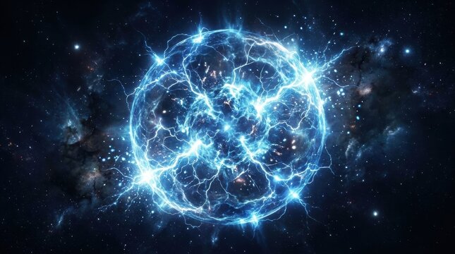 Abstract Energy Orb: A luminous blue sphere crackles with electrical energy against a backdrop of cosmic stars and nebulae, evoking a sense of powerful, otherworldly phenomena.