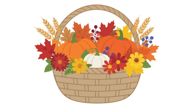 Wicker basket filled with colorful autumn harvest pumpkins leaves and fall flowers illustration