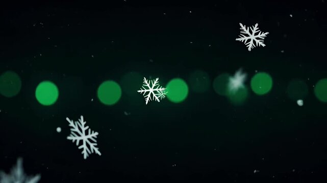 Animation snowflakes floating with soft green bokeh lights.