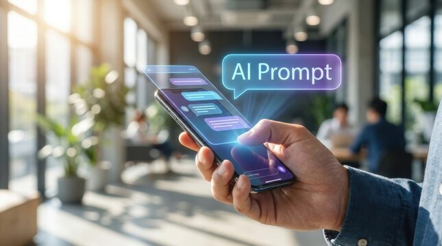 AI Prompt on Smartphone: A close-up shot of a person's hand holding a smartphone displaying an AI Prompt message, with a blurred office background and soft sunlight.