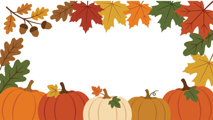 Naklejka premium Autumn border frame with colorful fall leaves and orange pumpkins for thanksgiving season